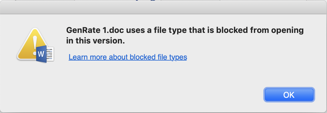 Error message when opening an old Word file in Office 365.
